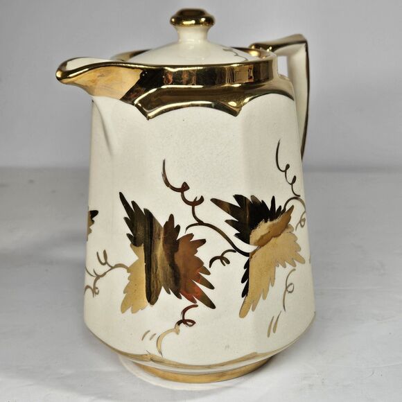 Vtg Price Bros Teapot Gold on  Cream Golden Grape Leaves Autumn Ceramic Lidded - Picture 2 of 13